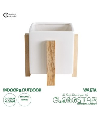 GloboStar® Artificial Garden VALETA 20541 Διακοσμητικό Κεραμικό Κασπώ Γλάστρα - Flower Pot Λευκό με Μπεζ Ξύλο Φ16 x Υ16cm